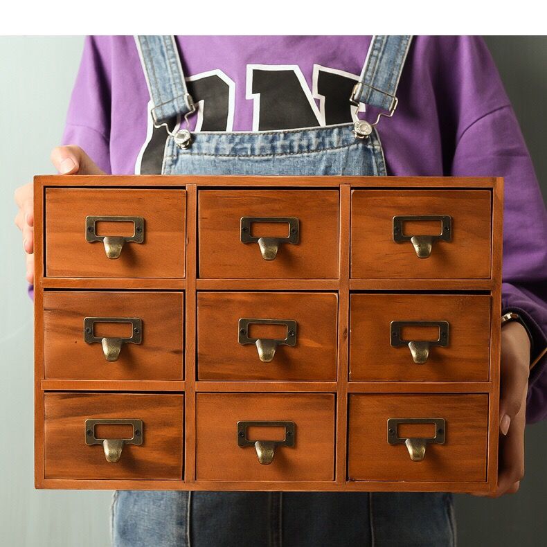 ZAKKA复古做旧木质9格储蓄柜多抽屉盒杂物桌面饰品收纳盒小抽屉柜