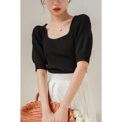 14313/法式方领泡泡袖针织上衣女夏新款冰丝复古短款黑色短袖T恤