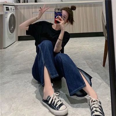 34267/深蓝色大码高腰显瘦直筒宽松阔腿裤胖妹妹mm垂感侧开叉牛仔长裤女