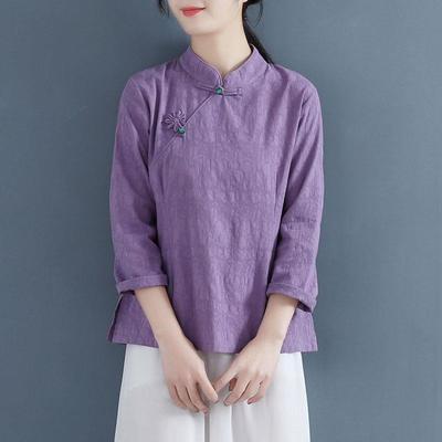 39765/中国风复古文艺棉麻上衣女春装新款长袖旗袍衬衫中式盘扣禅意茶服