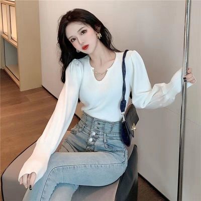 8659/毛衣女新款秋冬韩版V领修身泡泡灯笼袖打底针织衫外穿百搭毛衣