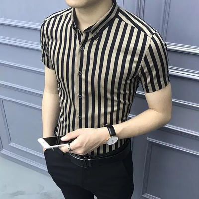 76262/夏季男士短袖衬衫男韩版潮流条纹修身半袖寸衫帅气青年休闲衬衣男