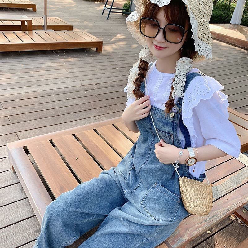 Beef pants women's large size fat MM women's Korean version of loose slim conjoined denim suspenders in spring and autumn