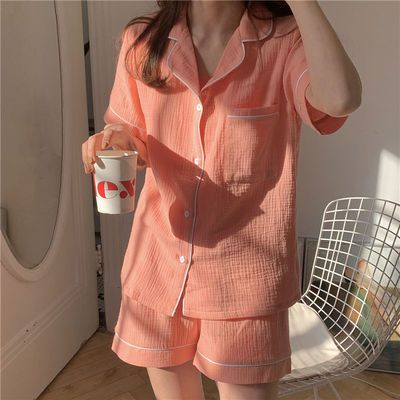 33179/ins纯棉麻纱布简约睡衣少女夏季薄款短袖短裤韩版宽松家居服套装