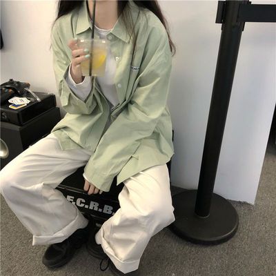 21895/韩系学院风衬衫女2021初春新款设计感纯欲学生宽松长袖衬衣薄外套