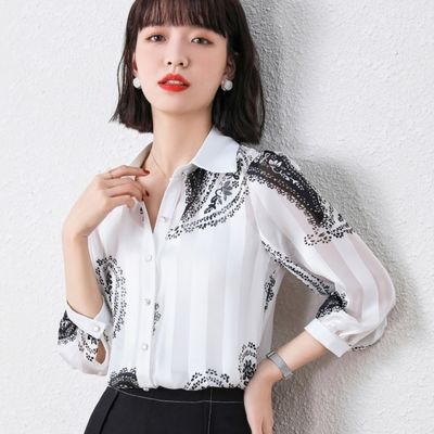 7422/雪纺衬衫上衣女夏装2021年新款七分袖衬衣时尚印花洋气小衫