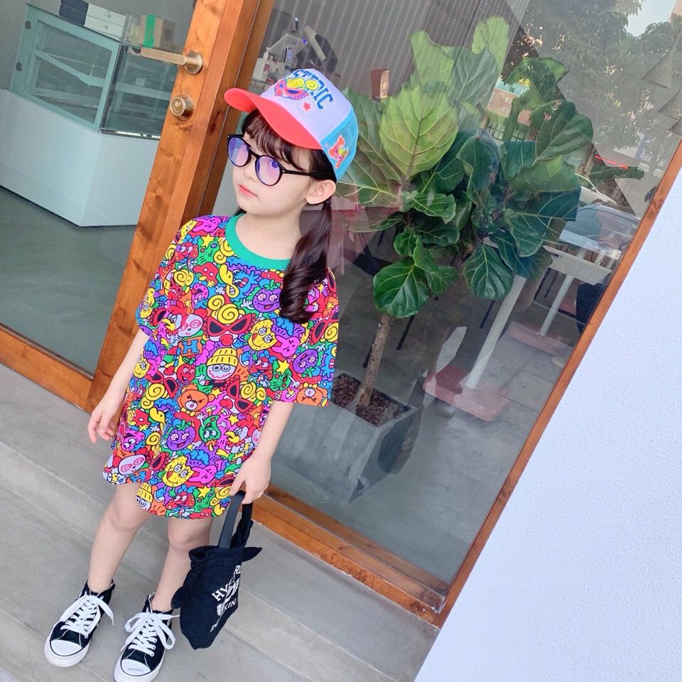 Boys' girls' printed short sleeve T-shirt  summer middle and primary school children's loose Korean version foreign style fashionable T-shirt princess skirt fashion