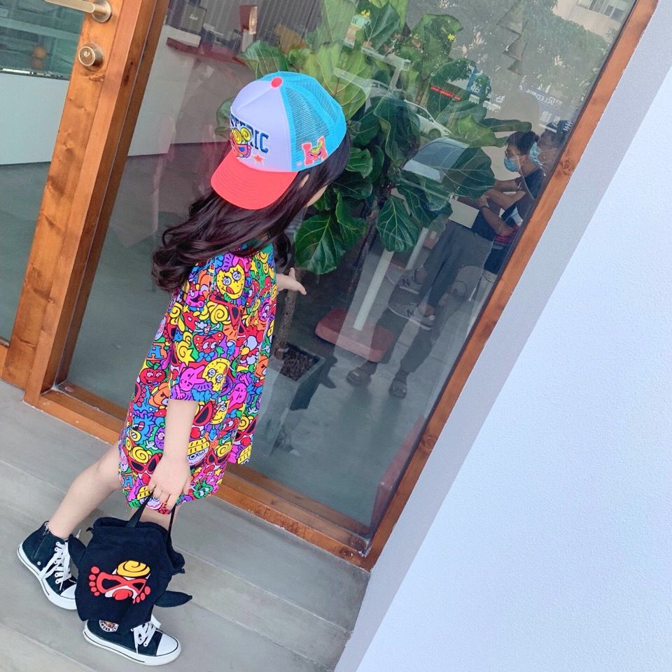 Boys' girls' printed short sleeve T-shirt  summer middle and primary school children's loose Korean version foreign style fashionable T-shirt princess skirt fashion