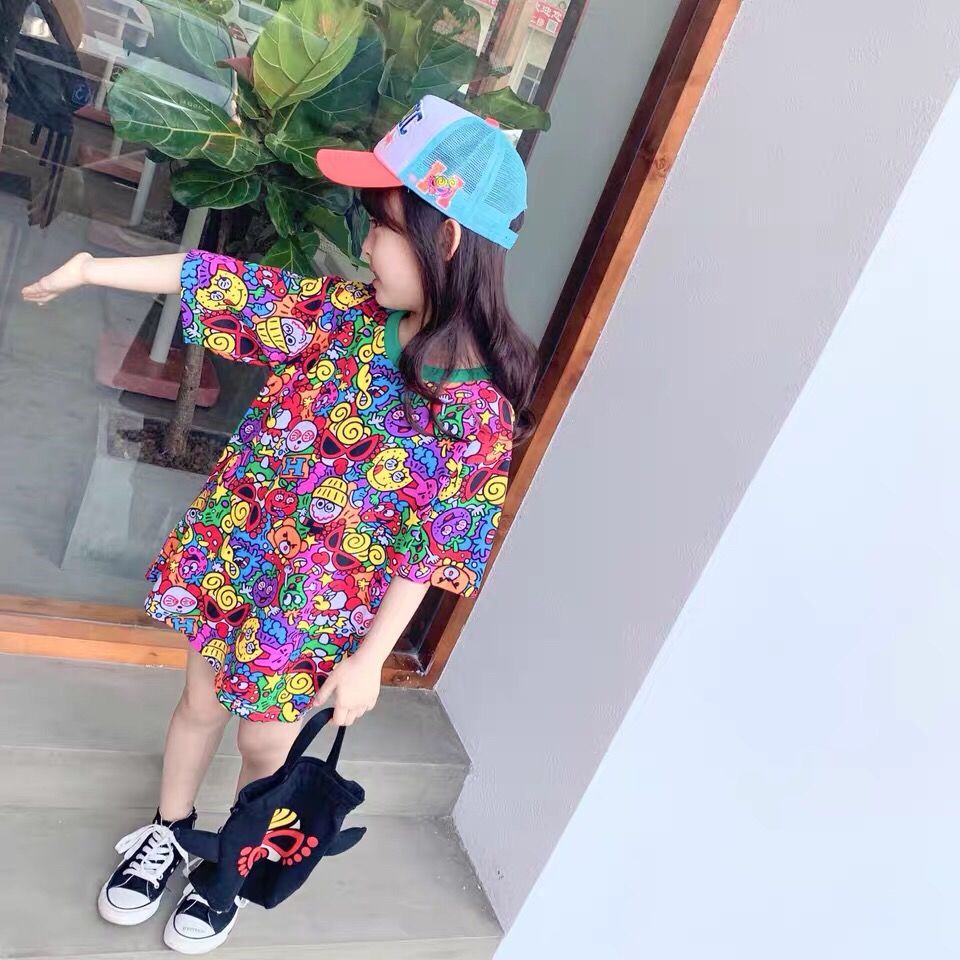 Boys' girls' printed short sleeve T-shirt  summer middle and primary school children's loose Korean version foreign style fashionable T-shirt princess skirt fashion