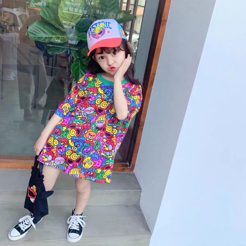 Boys' girls' printed short sleeve T-shirt  summer middle and primary school children's loose Korean version foreign style fashionable T-shirt princess skirt fashion