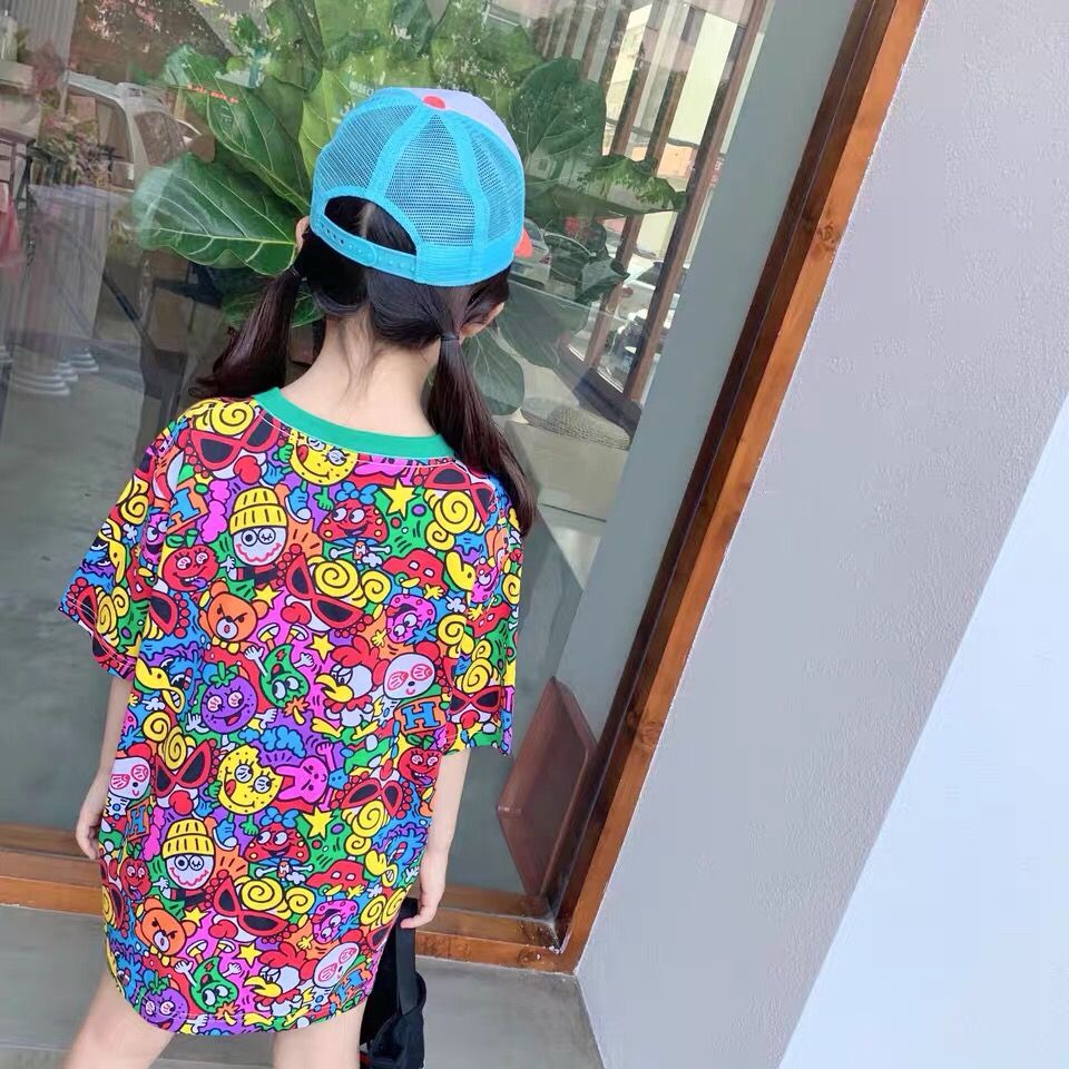 Boys' girls' printed short sleeve T-shirt  summer middle and primary school children's loose Korean version foreign style fashionable T-shirt princess skirt fashion