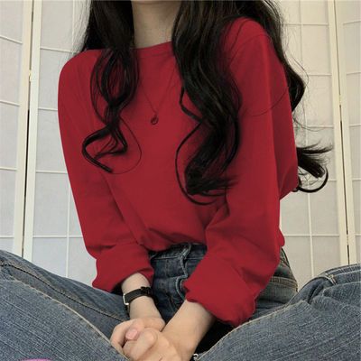 38848/纯色长袖打底衫大码女装2021春秋印花潮流破洞长袖T恤女圆领上衣