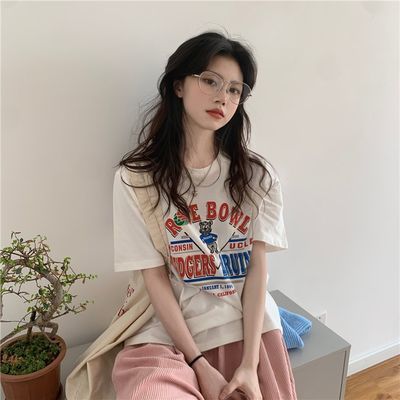 粉色套装女学生韩版宽松高腰休闲灯芯绒阔腿裤+印花短袖T恤两件