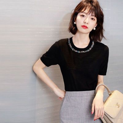 8668/2021年时尚百搭轻奢设计感温柔风小众针织衫薄款女短袖打底上衣女