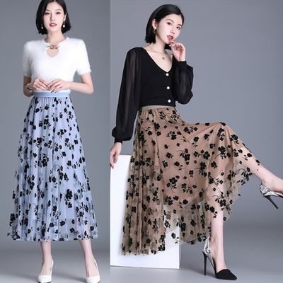 23489/重工多层次纱裙女春夏2021新款黑色高腰半身裙刺绣仙女长裙子