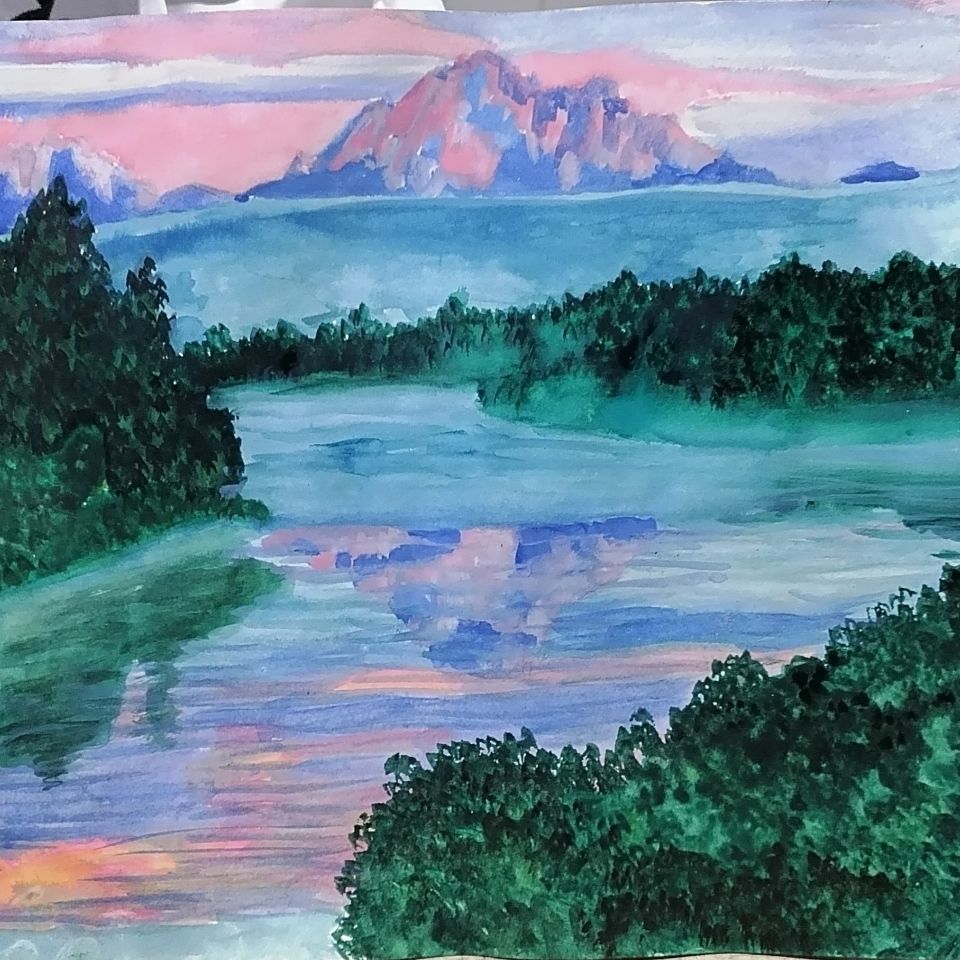 水彩画,———紫色梦幻风景画,8开纸