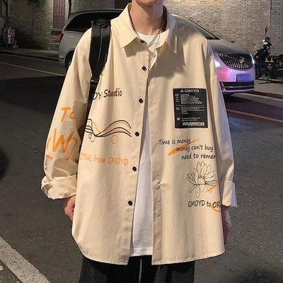 15757/原宿港风春秋季外套男韩版潮流长袖衬衣休闲百搭日系帅气男士衬衫
