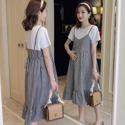 35285/孕妇装夏装套装长款连衣裙2021新款假两件孕妇长裙短袖孕妇上衣服