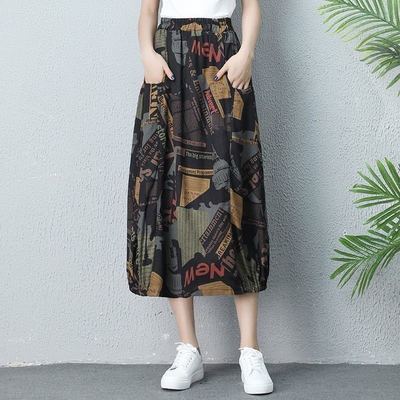 19629/2021年爆款夏款棉麻印花高腰宽松高档碎花花苞裙复古女 半身长裙