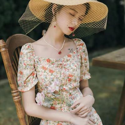 37860/复古法式方领雪纺短袖蝴蝶结系带碎花仙女连衣裙2021新款收腰显瘦