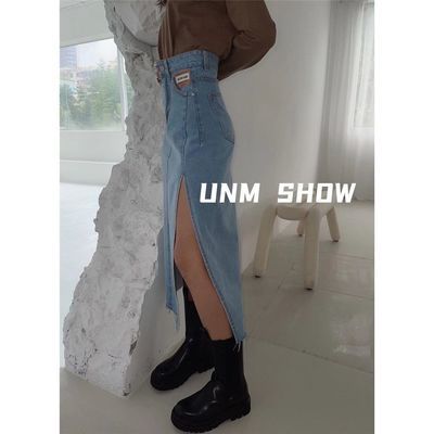 19087/新款设计感高腰开叉春夏牛仔半身裙女贴标包臀显瘦中长款a字裙潮