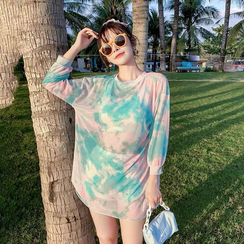 The new fairy fan Korean sexy swimsuit women's split sports long-sleeved conservative slimming cover belly sunscreen student swimsuit