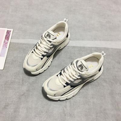 31488/真皮网纱拼接厚底运动鞋女2021年春款圆头系带防滑底平跟老爹鞋