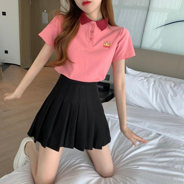 兩件套裝夏季新款減齡POLO領撞色修身短袖T恤女+高腰百褶半身裙子
