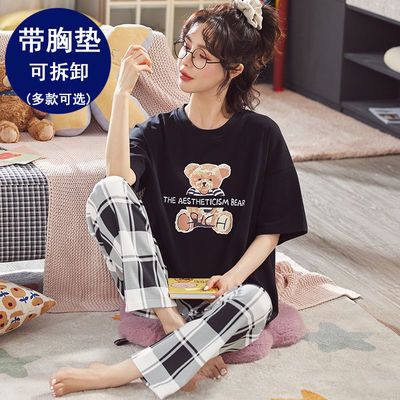 67651/带胸垫棉质睡衣女款夏季短袖长裤宽松加肥大码200斤薄款胖mm春秋
