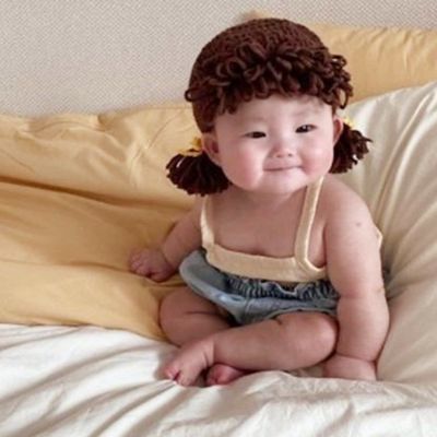 68672/宝宝帽子秋冬款女童可爱超萌假发小辫子针织帽新生儿拍摄道具用品