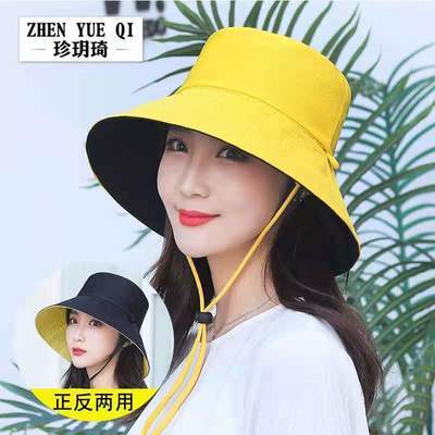 73049/春夏天遮阳双面沙滩帽女士出游渔夫帽防晒大边帽鸟眼布防风绳帽子