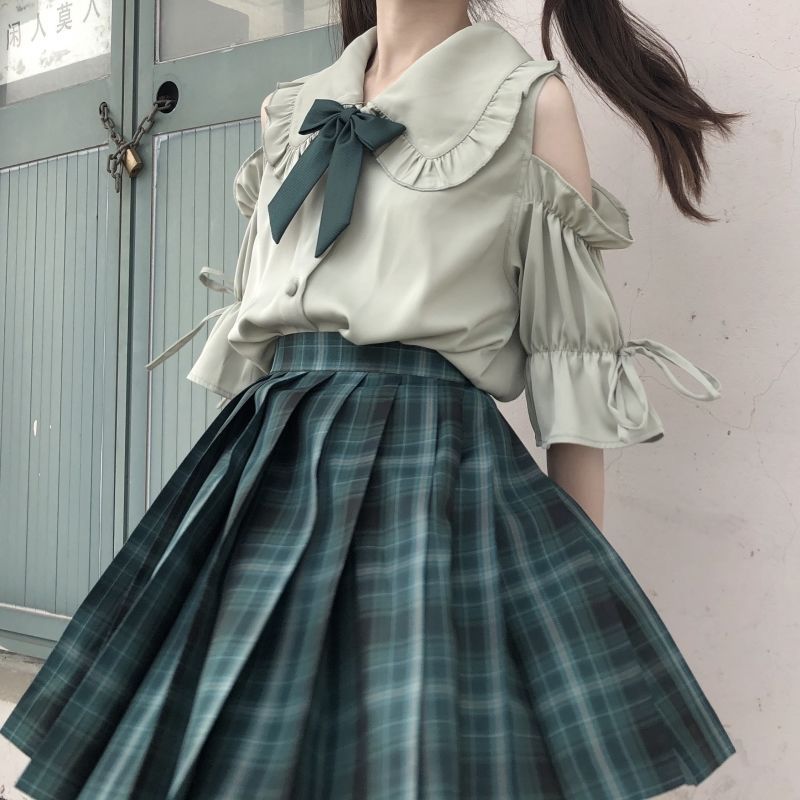 jk裙套装女学生小清新设计感短袖衬衫+百褶裙A字裙两件套装/单件