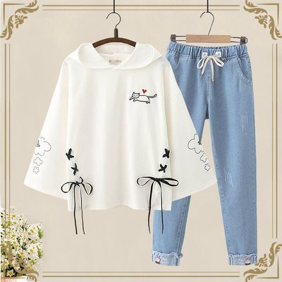 63102/日系少女软妹套装女春秋季初高中学生可爱宽松连帽卫衣女装两件套