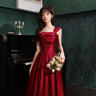 28341/敬酒服新娘2021新款酒红色夏季平时可穿订婚结婚回门晚礼服女长款
