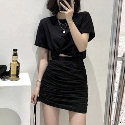 37733/一裙两穿夏季套装女2021新款韩版纯色短袖短裙长裙休闲两件套女装