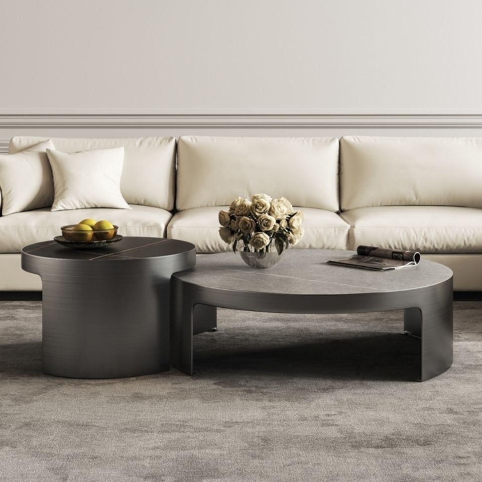 意式极简岩板茶几圆形现代简约北欧轻奢黑钛金创意大小圆茶几组合