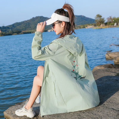 21811/2021新款刺绣防晒衣女夏季薄款长款连帽韩版宽松大码外套女防晒衫
