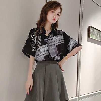 10054/港风印花衬衫女复古港味新款2021年上衣设计感小众轻熟短袖衬衣夏