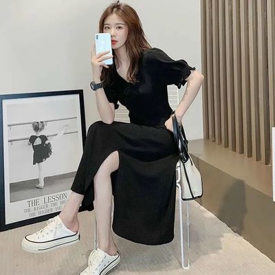 36242/小个子显瘦开叉连衣裙2021新款韩版收腰夏季中长款ins打底小黑裙