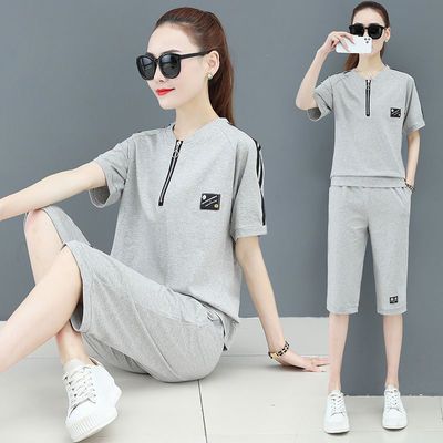 61735/【纯棉】休闲运动服套装女夏季宽松大码短袖宽松短裤七分裤两件套