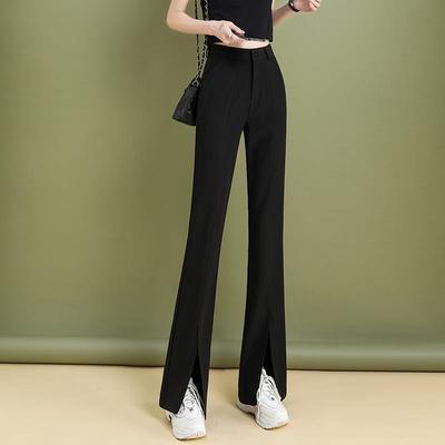37524/黑色开叉微喇叭裤女春夏高腰垂感休闲裤显瘦西装阔腿裤分叉拖地裤