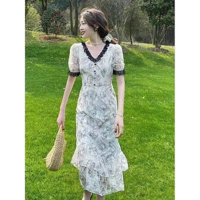 67857/玫瑰蕾丝裙子法式复古小众茶歇裙v领连衣裙女夏长裙
