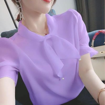 44602/雪纺衫女上衣洋气高档小衫女2021夏季新款宽松大码蝴蝶结短袖上衣