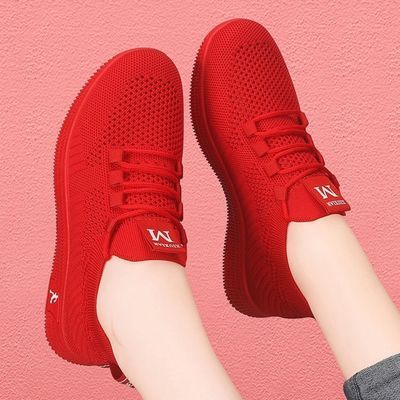 红色女鞋运动鞋女春季新款飞织休闲跑步本命年红鞋女潮百搭女士鞋