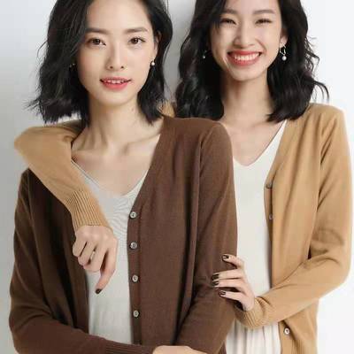 18757/春秋女装V领羊毛开衫女薄款宽松外搭针织毛衣百搭韩版短款外套潮