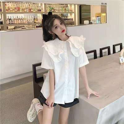 39652/衬衫女夏设计感小众2021年夏季新款复古娃娃领宽松短袖衬衣上衣