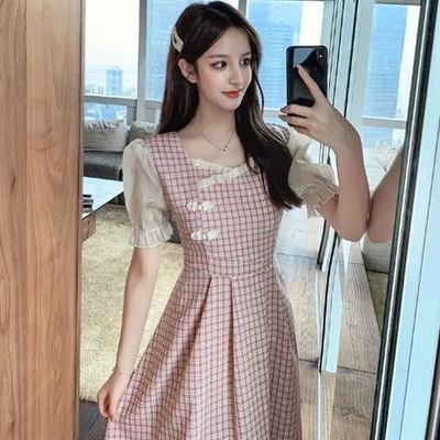 40107/中长款格子连衣裙女夏季2021新款方领泡泡袖收腰显瘦短袖连衣裙潮