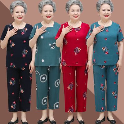 32372/中老年人夏装女奶奶装短袖套装60岁70妈妈棉绸太太老人夏季衣服薄