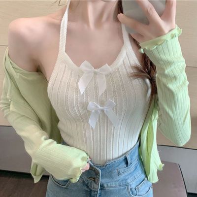 31832/纯欲风短款针织衫背心女蝴蝶结内搭挂脖露脐修身美背外穿小吊带女