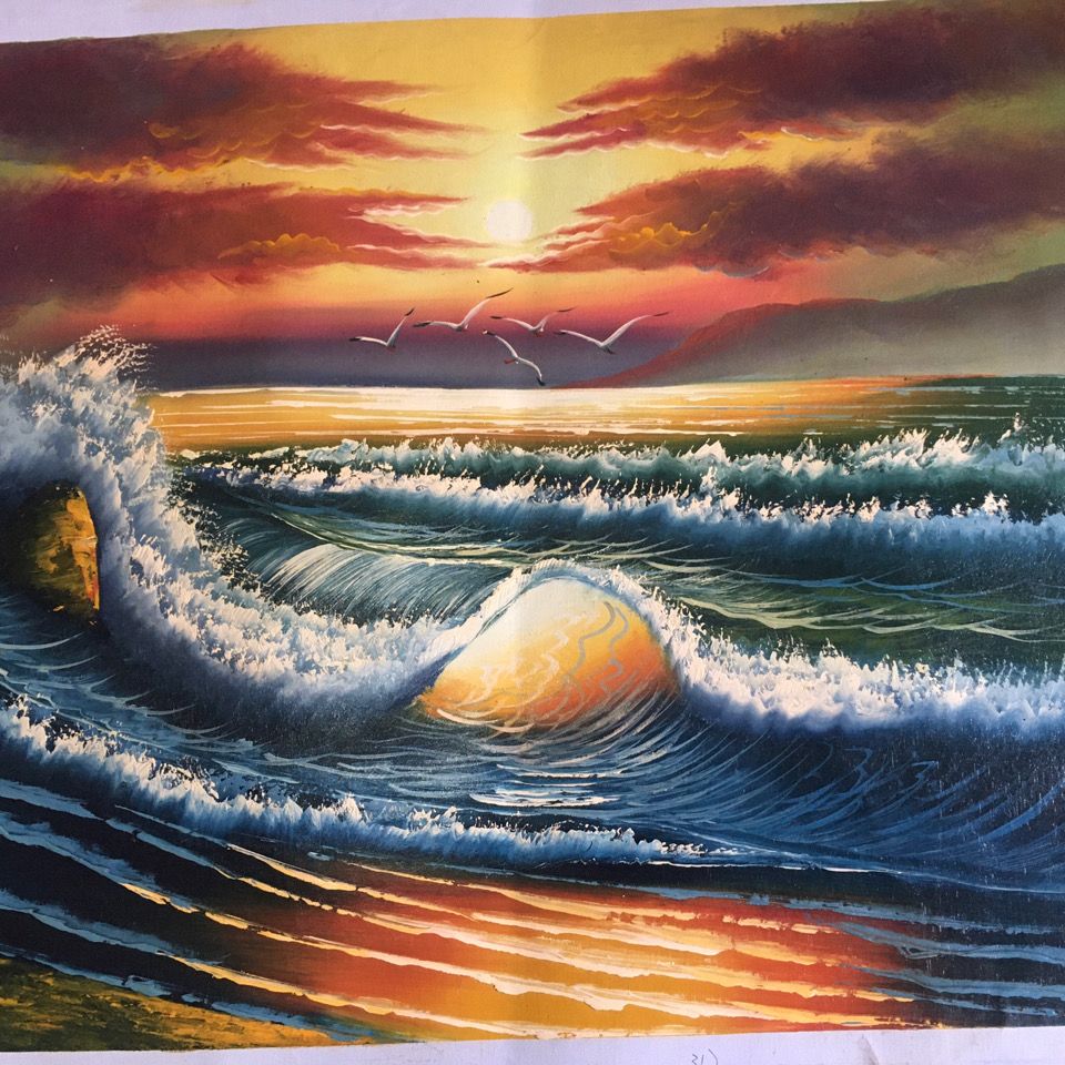 手绘欧式风景餐厅油画海浪夕阳样版房挂画沙发背景墙装饰画60*80